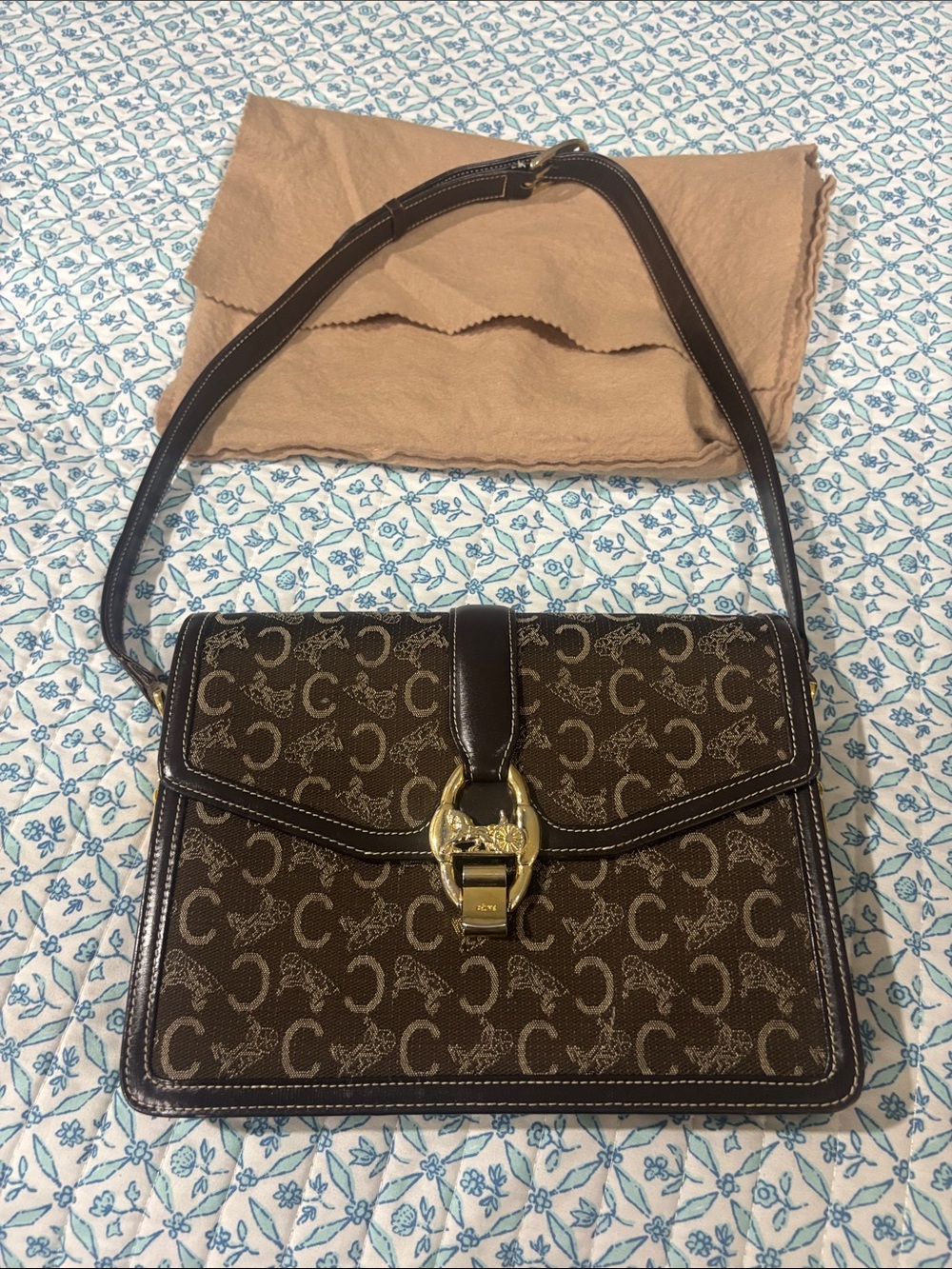 Celine Brown Monogram Canvas Shoulder Bag with Gold Hardware